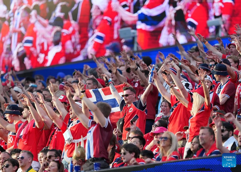 Fans of Norway react during the group I match between Norway and Iraq at the FIFA World Cup 2026 at Boston Stadium in Boston, the United States, June 16, 2026. (Xinhua/Huang Zongzhi)