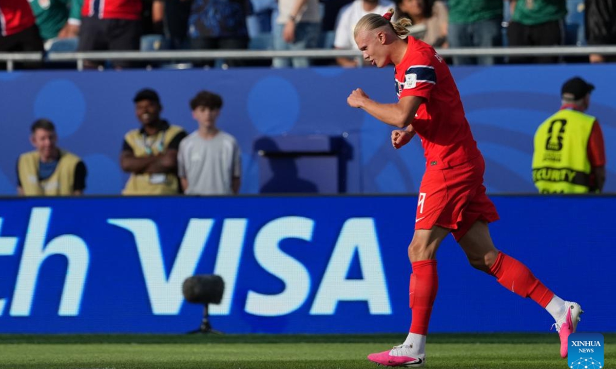 Erling Haaland of Norway celebrates his score during the group I match between Norway and Iraq at the FIFA World Cup 2026 at Boston Stadium in Boston, the United States, June 16, 2026. (Xinhua/Huang Zongzhi)
