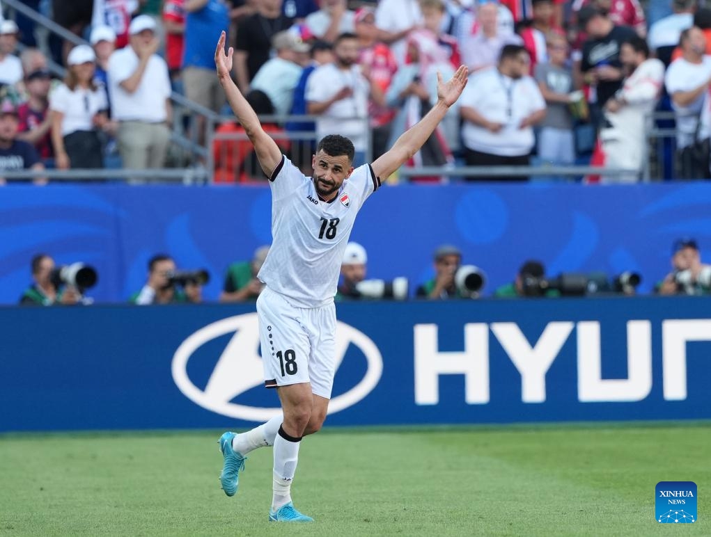 Aymen Hussein of Iraq reacts after his score during the group I match between Norway and Iraq at the FIFA World Cup 2026 at Boston Stadium in Boston, the United States, June 16, 2026. (Xinhua/Huang Zongzhi)