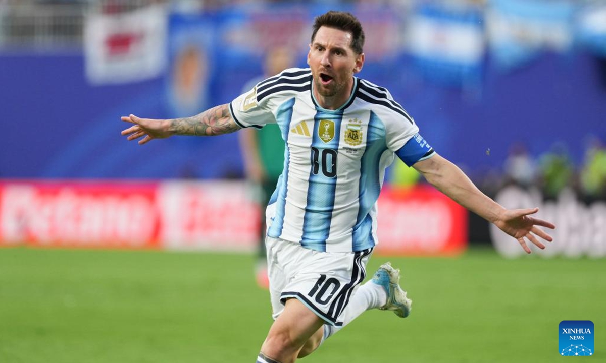 Lionel Messi of Argentina celebrates his score during the group J match between Argentina and Algeria at the FIFA World Cup 2026 at Kansas City Stadium in Kansas City, the United States, June 16, 2026. (Xinhua/Du Yu)