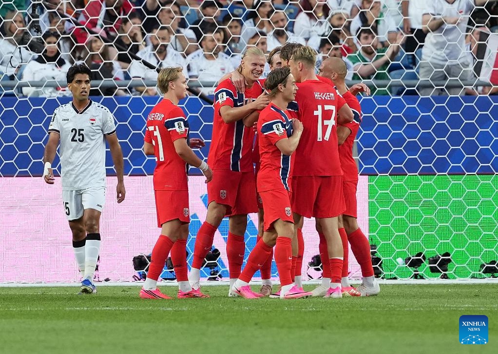 Players of Norway hug each other after the group I match between Norway and Iraq at the FIFA World Cup 2026 at Boston Stadium in Boston, the United States, June 16, 2026. (Xinhua/Huang Zongzhi)
