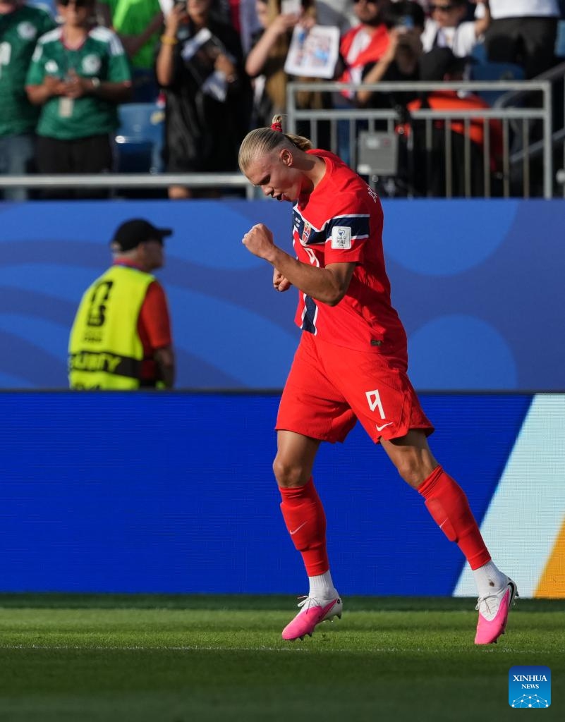 Erling Haaland of Norway celebrates his score during the group I match between Norway and Iraq at the FIFA World Cup 2026 at Boston Stadium in Boston, the United States, June 16, 2026. (Xinhua/Huang Zongzhi)