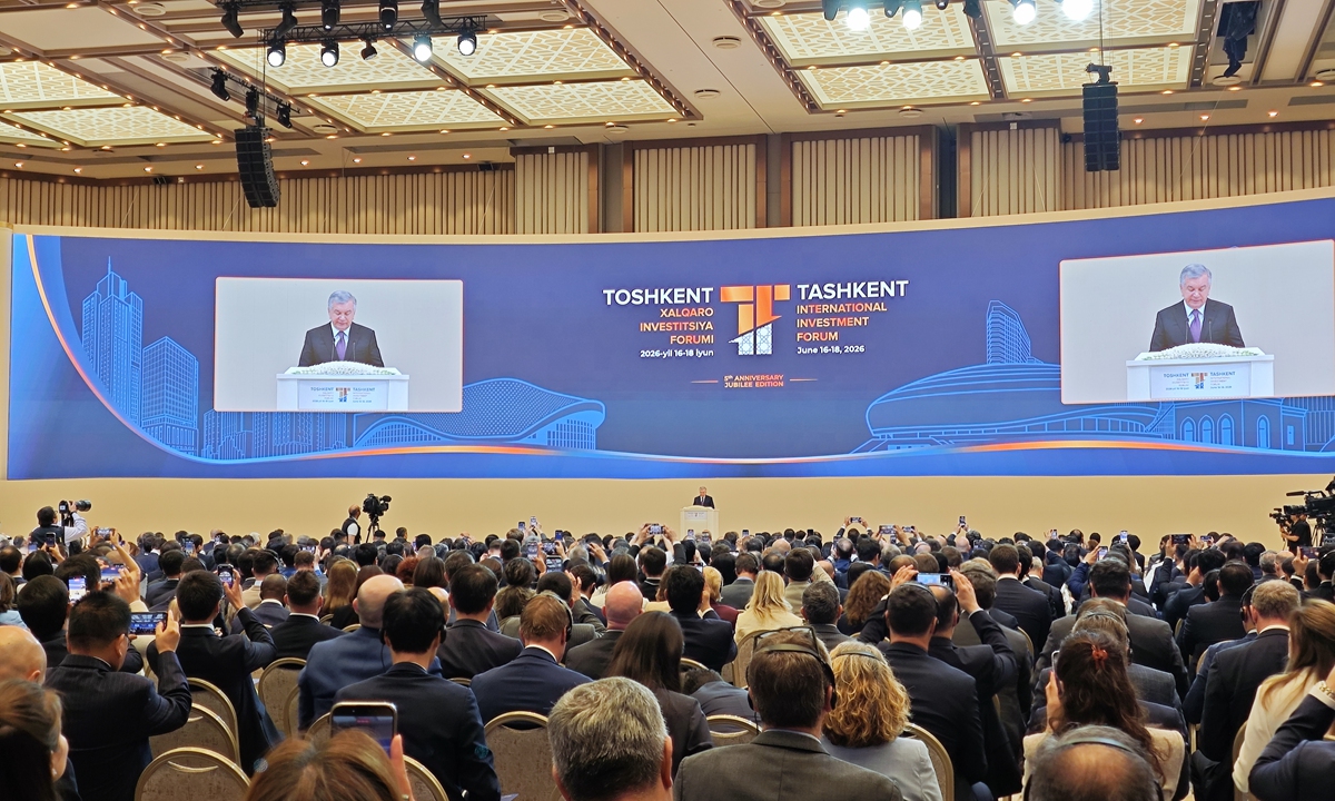President of Uzbekistan Shavkat Mirziyoyev delivers an address at the opening ceremony of the fifth Tashkent International Investment Forum on June 17, 2026, in Tashkent, Uzbekistan. Photo: Xia Wenxin/GT