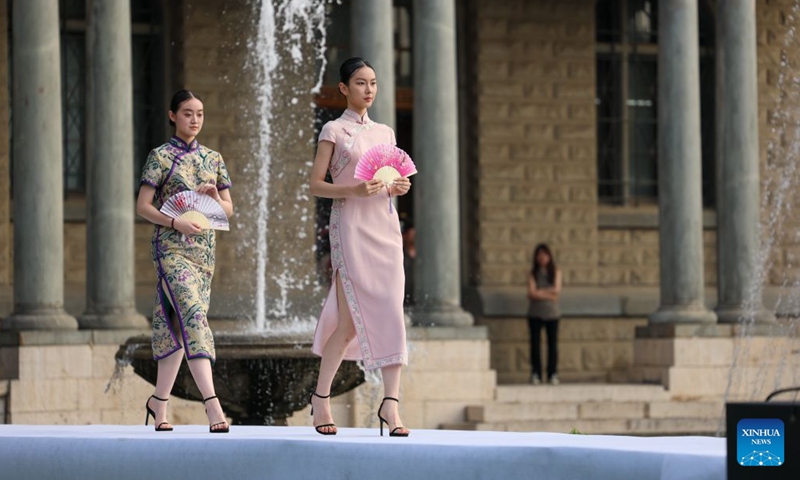 Models present creations by Chinese brand Diyang during a fashion show at Tianjin Foreign Studies University in north China's Tianjin, June 17, 2026. A show focusing on traditional Chinese costumes was held here on Wednesday as part of this year's Tianjin Fashion Week. Models and foreign students trooped the runway to bridge China and rest parts of the world with wearable creations that inspire cultural exchange and mutual learning. (Xinhua/Sun Fanyue)