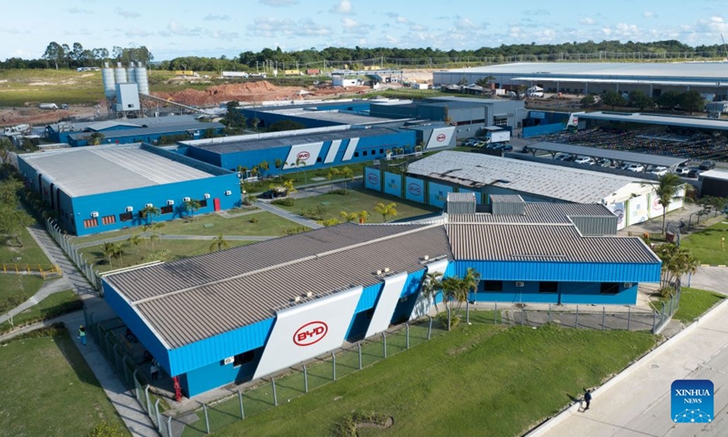 An aerial drone photo taken on June 15, 2026 shows part of the production base complex of BYD in Camacari, Bahia State, Brazil. About 50 kilometers away from Salvador, the capital of the northeastern Brazilian state of Bahia, the Camacari production base complex of Chinese auto manufacturer BYD has been put into operation since last year. (Xinhua/Jin Haoyuan)