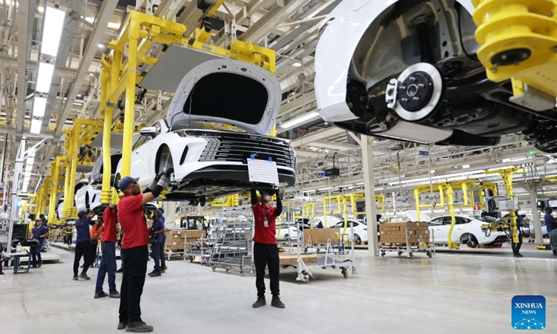 Workers operate at the production base complex of BYD in Camacari, Bahia State, Brazil, June 12, 2026. About 50 kilometers away from Salvador, the capital of the northeastern Brazilian state of Bahia, the Camacari production base complex of Chinese auto manufacturer BYD has been put into operation since last year. (Xinhua/Jin Haoyuan)