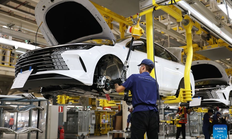 A worker is busy at the production base complex of BYD in Camacari, Bahia State, Brazil, June 12, 2026. About 50 kilometers away from Salvador, the capital of the northeastern Brazilian state of Bahia, the Camacari production base complex of Chinese auto manufacturer BYD has been put into operation since last year. (Xinhua/Jin Haoyuan)