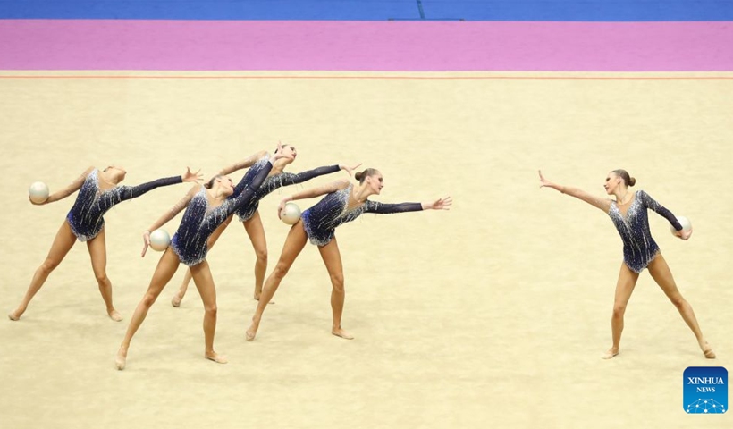 Team Russia compete during the 5 balls match of group all-around final at the 2026 Rhythmic Gymnastics World Challenge Cup Beijing in Beijing, China, June 19, 2026. (Photo by Ma Zihan/Xinhua)