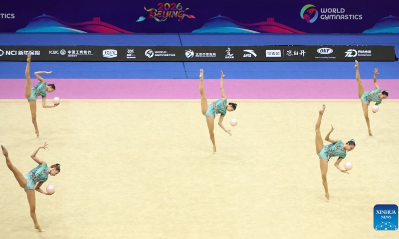 Team China compete during the 5 balls match of group all-around final at the 2026 Rhythmic Gymnastics World Challenge Cup Beijing in Beijing, China, June 19, 2026. (Photo by Ma Zihan/Xinhua)