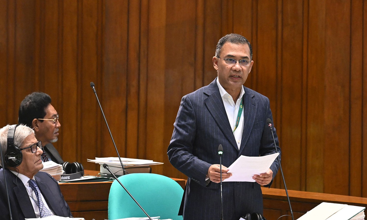 This handout photo released by Bangladesh's Press Information Department (PID) on March 12, 2026 shows Prime Minister Tarique Rahman speaking during a parliamentary session in Dhaka. Photo: VCG
