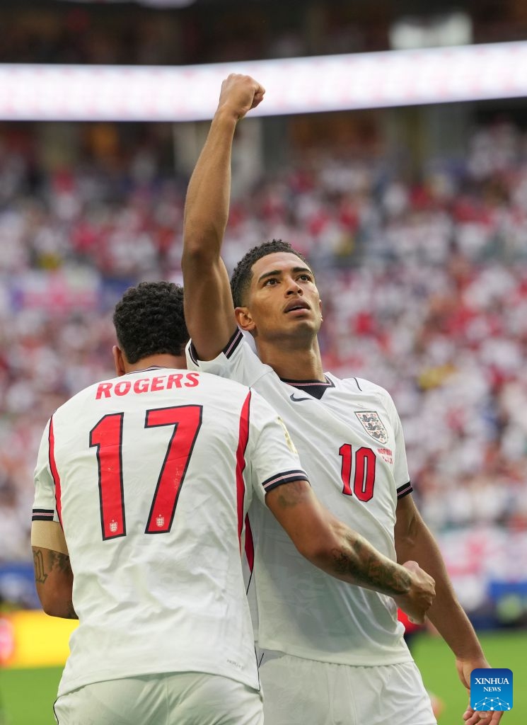 Jude Bellingham (R) of England celebrates after scoring during the quarter final match between Norway and England at the 2026 FIFA World Cup at the Miami Stadium in Miami, the United States, July 11, 2026. (Xinhua/Chen Yichen)

