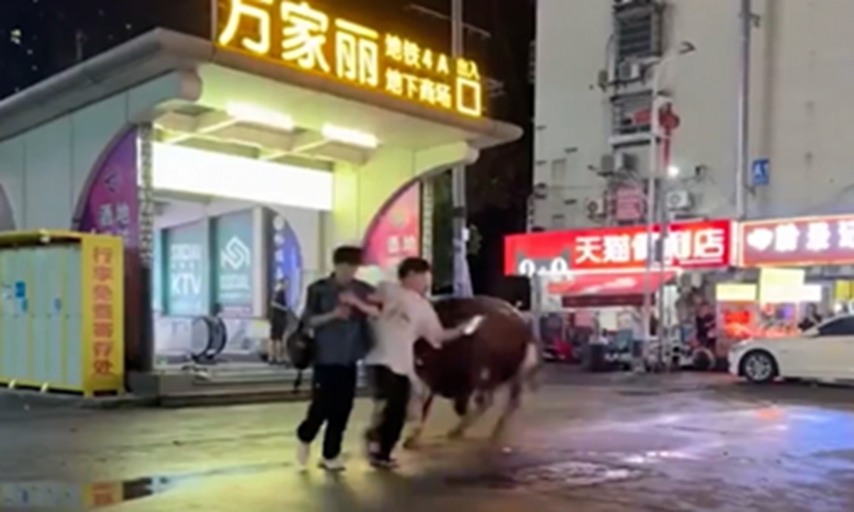 Two pedestrians were reportedly charged by a yellow bull near a metro station entrance in Changsha, Central China's Hunan Province on June 21, 2026. Photo: Screenshot from video released by the Paper