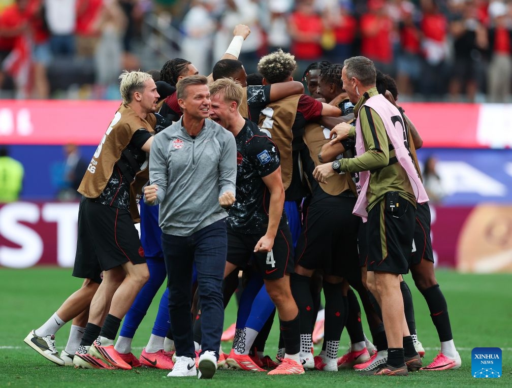 Team Canada celebrate after scoring during the round of 32 match between Canada and South Africa at the 2026 FIFA World Cup at Los Angeles Stadium in Los Angeles, the United States, June 28, 2026. (Xinhua/Mao Siqian)

