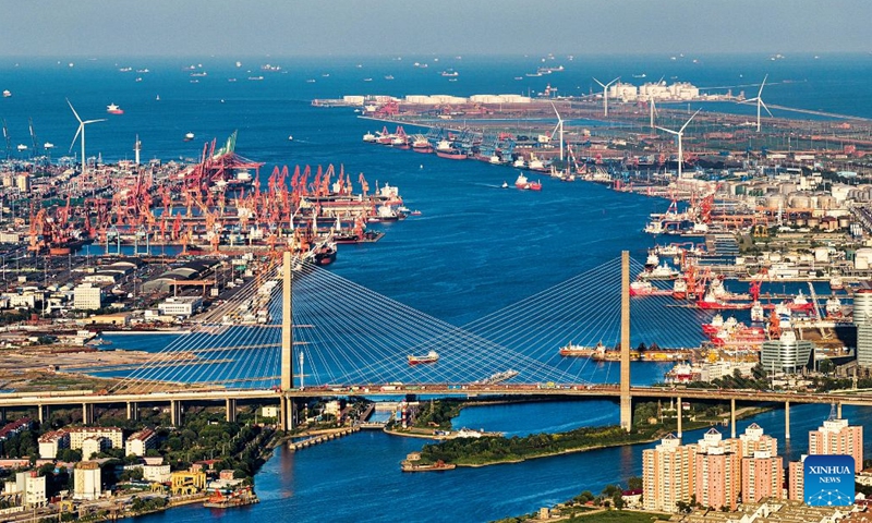 A drone photo taken on June 20, 2026 shows a view of the Tianjin Port in north China's Tianjin. (Photo by Du Penghui/Xinhua)

