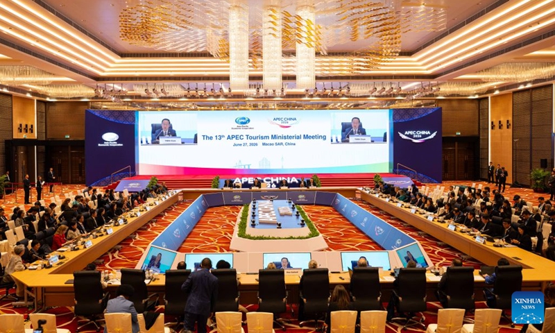 This photo taken on June 27, 2026 shows a view of the 13th Asia-Pacific Economic Cooperation (APEC) Tourism Ministerial Meeting in Macao, south China. Under the theme of Digital Innovation, Collaborative Empowerment: Leveraging Tourism for an Asia-Pacific Community, heads of tourism authorities from 21 APEC economies gathered to exchange views on the role of digital and smart technologies in driving tourism and propelling socioeconomic growth. (Xinhua/Cheong Kam Ka)

