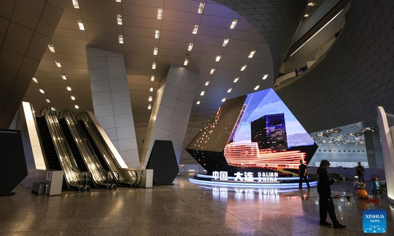 This photo taken on June 20, 2026 shows an interior view of the Dalian International Conference Center, venue of the 2026 Summer Davos, in Dalian, northeast China's Liaoning Province. The World Economic Forum's Annual Meeting of the New Champions, also known as the Summer Davos forum, will be held in the port city of Dalian from June 23 to 25. The Dalian International Conference Center, venue for the forum, has been decorated for the event. (Xinhua/Pan Yulong)