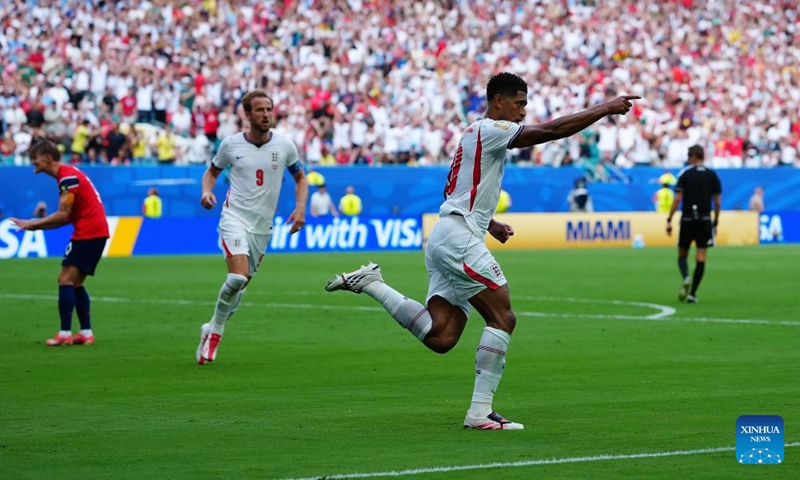 Jude Bellingham (front) of England celebrates after scoring during the quarter final match between Norway and England at the 2026 FIFA World Cup at the Miami Stadium in Miami, the United States, July 11, 2026. (Xinhua/Jia Haocheng)

