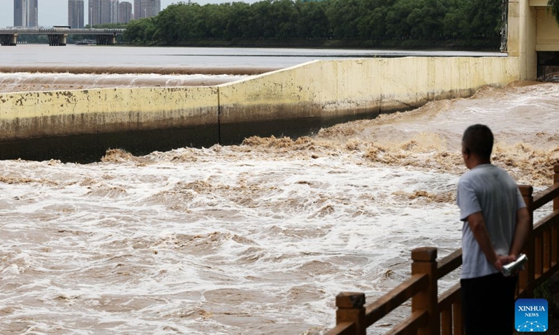 This photo taken on July 5, 2026 shows the condition of the Shenyang section of the Hunhe River in Shenyang, northeast China's Liaoning Province. The meteorological authority in Liaoning issued a yellow alert for heavy rainfalls, thunderstorms and hail on Sunday. (Xinhua/Li Gang)

