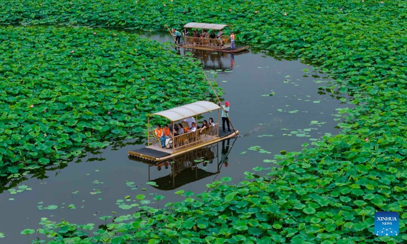 An aerial drone photo taken on June 20, 2026 shows tourists sightseeing amid lotus flowers at a scenic area in Xinghua City, east China's Jiangsu Province. (Photo by Shi Daozhi/Xinhua)