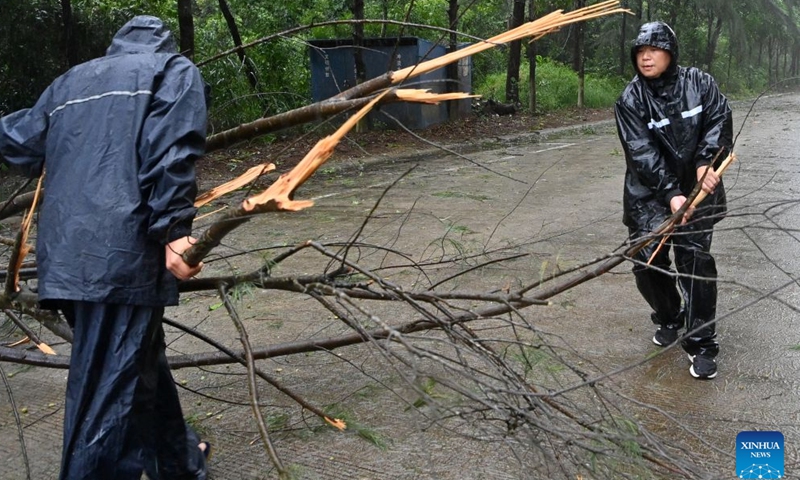 Staff members clear up a fallen tree in Jiangping Town, Dongxing of Fangchenggang, south China's Guangxi Zhuang Autonomous Region, July 4, 2026. Typhoon Maysak, the 10th typhoon of the year, made a second landfall on Saturday night along the coast near the border between Guangxi and northern Vietnam. (Xinhua/Lu Boan)