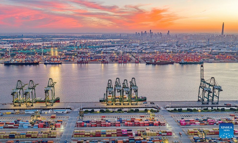 A drone photo taken on June 20, 2026 shows a view of the Tianjin Port in north China's Tianjin. (Photo by Du Penghui/Xinhua)


