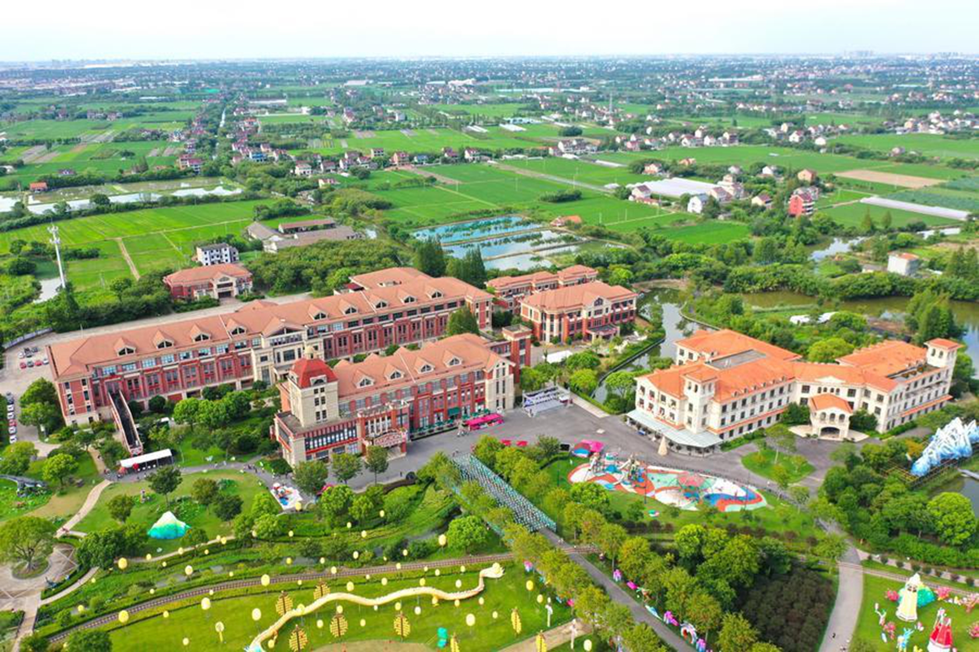 An aerial drone photo taken on Aug. 7, 2025 shows a view of Aficion Chocolate Village at Miaojia Village in Jiashan County of Jiaxing City, east China's Zhejiang Province. (Xinhua/Mao Zhu)
