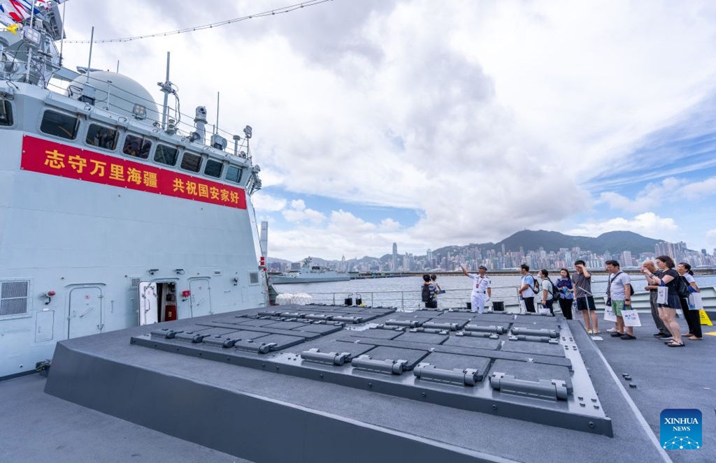 People visit the guided-missile frigate Hengyang at the Chinese People's Liberation Army (PLA) Hong Kong Garrison's naval base on Stonecutters Island in south China's Hong Kong, July 4, 2026. A Chinese People's Liberation Army (PLA) Navy fleet opens to Hong Kong and Macao residents and students from Friday through Sunday.