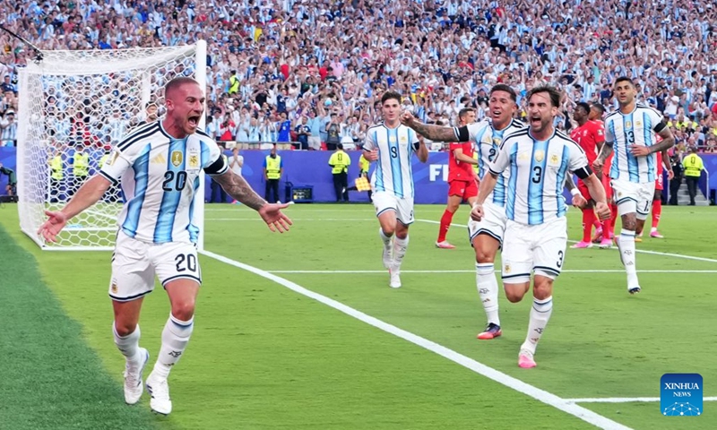 Alexis Mac Allister (1st L) of Argentina celebrates after scoring during the quarter final match between Argentina and Switzerland at the 2026 FIFA World Cup at the Kansas City Stadium in Kansas City, the United States, July 11, 2026. (Xinhua/Xiao Yijiu)