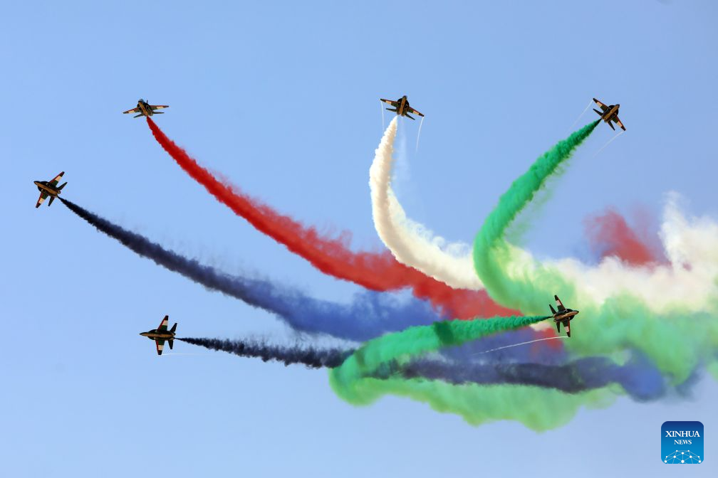 The United Arab Emirates (UAE) aerobatic team Fursan Al Emarat performs during the El Alamein International Airshow at El Alamein International Airport in El Dabaa, Egypt, Sept. 9, 2026. The second edition of the El Alamein International Airshow kicked off at El Alamein International Airport in El Dabaa, Egypt on Tuesday.
The three-day event features aircraft exhibitions, flying displays, and an exhibition of aerospace, defense, and space products and services, according to the show's official website. (Xinhua/Ahmed Gomaa)