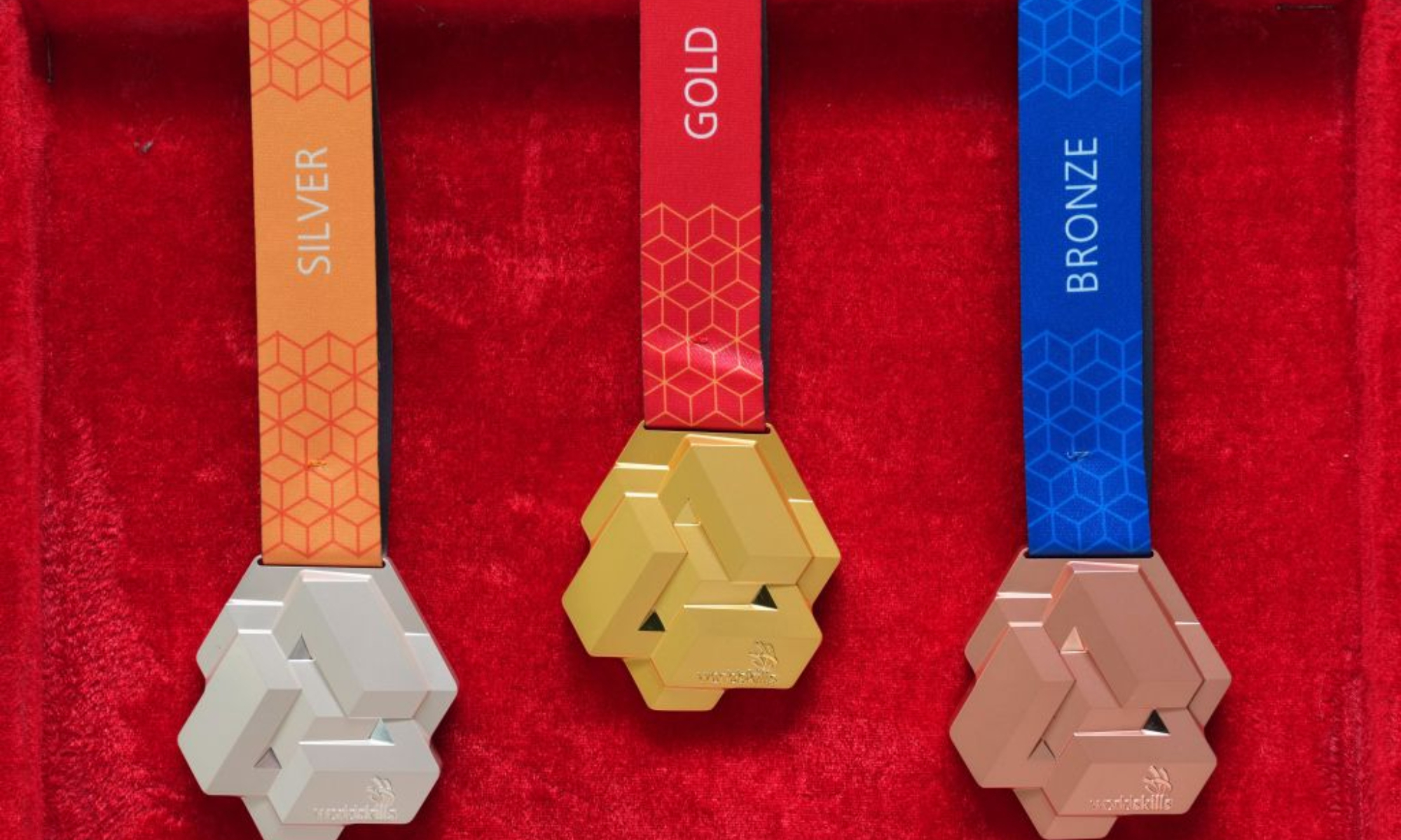 This photo taken on Sept. 8, 2026 shows the gold, silver and bronze medals of the 48th WorldSkills Competition at Shanghai Mint Co., Ltd. in east China's Shanghai. Shanghai Mint Co., Ltd. has officially shipped all the medals for the 48th WorldSkills Competition recently, which will be awarded at the competition scheduled to take place in Shanghai from Sept. 22 to 27. (Xinhua/Liu Ying)