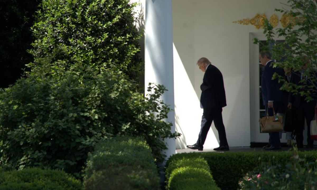 U.S. President Donald Trump walks toward the South Lawn of the White House in Washington, D.C., the United States, on May 1, 2026. (Photo by Li Yuanqing/Xinhua)