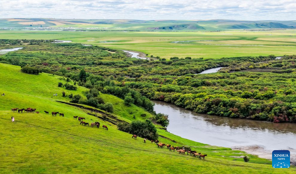 An aerial drone photo taken on Aug. 16, 2026 shows a view of Hake Scarp and its surrounding areas in Hailar District of Hulun Buir, north China's Inner Mongolia Autonomous Region. (Xinhua/Lian Zhen)