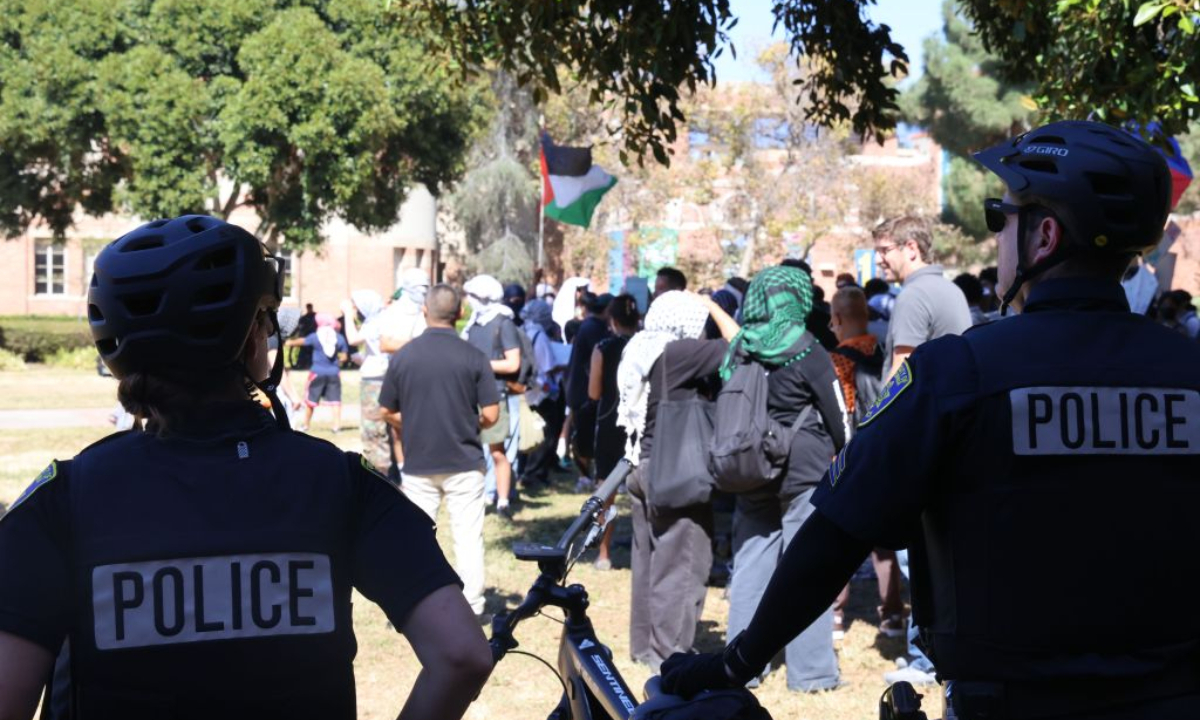 A pro-Palestine protest is held at the University of California, Los Angeles (UCLA) campus in Los Angeles, California, the United States, Oct. 7, 2026. (Photo by Zeng Hui/Xinhua)