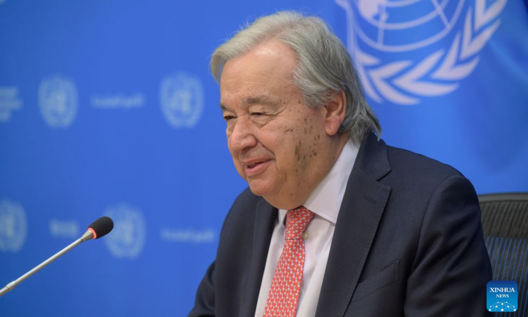 UN Secretary-General Antonio Guterres speaks to reporters ahead of this year's high-level week of the UN General Assembly, at the UN headquarters in New York, Sept. 16, 2026. Guterres on Wednesday called for de-escalation in the Middle East and Ukraine. (Mark Garten/UN Photo/Handout via Xinhua)