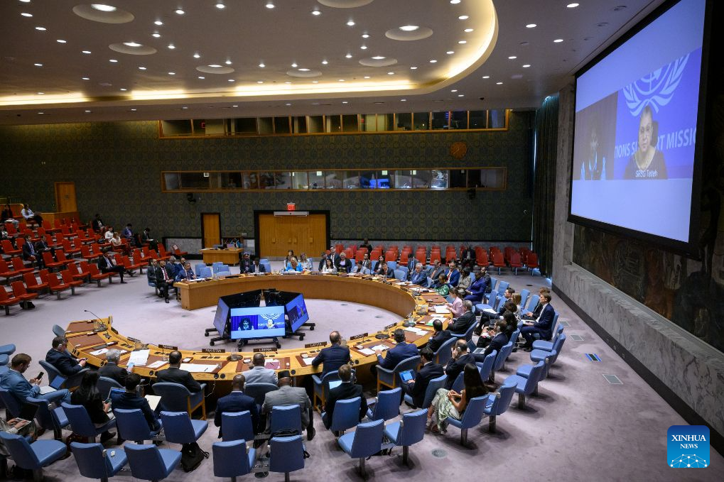 The UN secretary-general's special representative for Libya and head of the UN Support Mission in Libya, Hanna Tetteh (right, on screens), speaks via a video link at a Security Council meeting at the UN headquarters in New York, Aug. 18, 2026. Tetteh on Tuesday called for political will to advance the political process in Libya. (Loey Felipe/UN Photo/Handout via Xinhua)