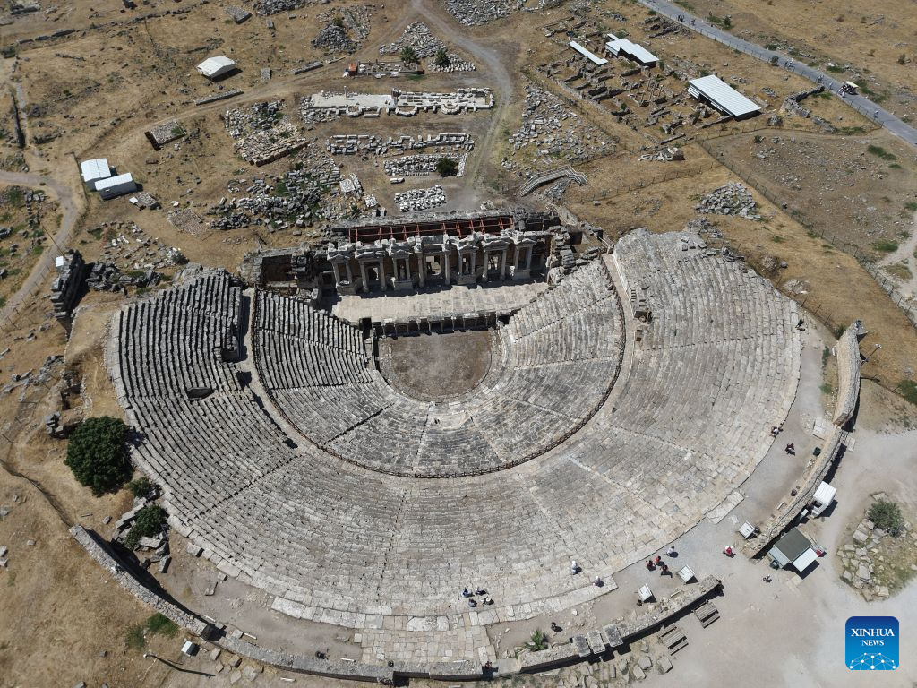 An aerial drone photo taken on Aug. 25, 2026 shows the ruins of the ancient city of Hierapolis in Denizli, Türkiye. The ruins of Hierapolis was listed as a UNESCO World Heritage Site in 1988. (Mustafa Kaya/Handout via Xinhua)