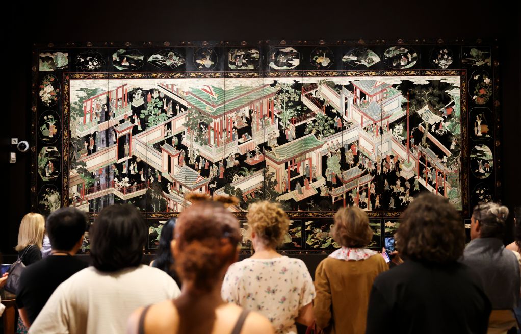 Visitors view exhibits on display at Maison Guimet in Paris, France, Sept. 15, 2026. Maison Guimet is housed in the Hotel d'Heidelbach, a private mansion built in 1913. The mansion became part of the Guimet National Museum of Asian Arts in 1991 and reopened to the public as Maison Guimet in May, 2026 following renovation. (Xinhua/Wu Huiwo)