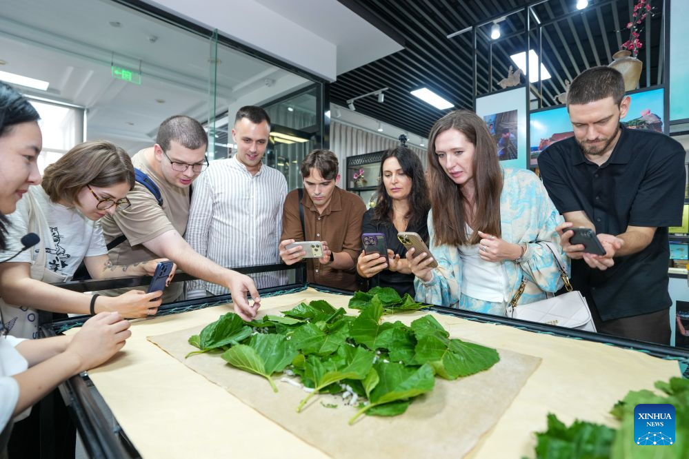 Members of a joint China-Russia media delegation visit Taihuxue Sericulture Cultural Park in Suzhou, east China's Jiangsu Province, Aug. 22, 2026. The delegation visited Suzhou from Aug. 22 to 23, experiencing the charm of China's Jiangnan culture. (Xinhua/Li Bo)