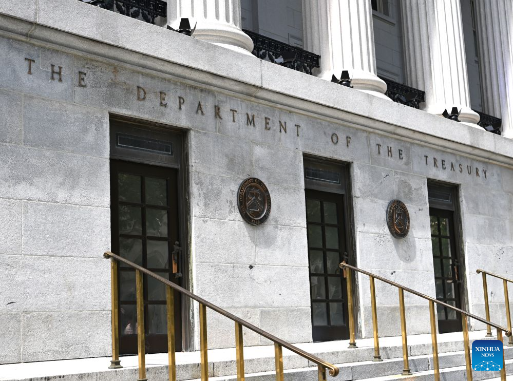 This photo taken on Aug. 24, 2026 shows the U.S. Department of the Treasury in Washington, D.C., the United States. U.S. Treasury Secretary Scott Bessent on Monday threatened Iran with an economic D-Day, announcing a wave of new sanctions aimed at further isolating the country. (Xinhua/Li Rui)