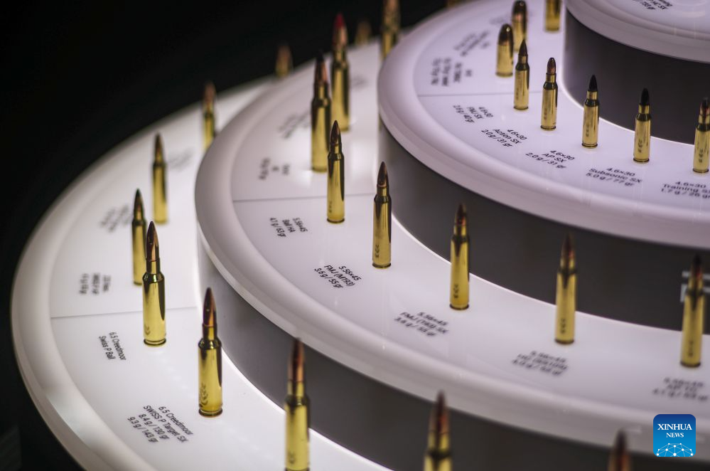 Photo shows bullets displayed at the 34th International Defence Industry Exhibition in Kielce, Poland, Sept. 8, 2026. The event runs from Sept. 8 to 11, showcasing the latest defence equipment and technologies as well as solutions for communications, security, logistics and rescue. (Photo by Jaap Arriens/Xinhua)