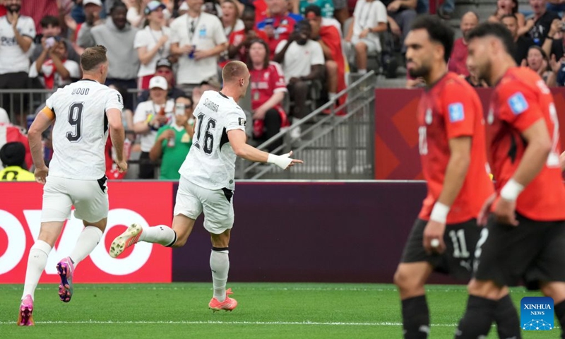 Finn Surman (2nd L) of New Zealand celebrate scoring during a group G match between New Zealand and Egypt at the 2026 FIFA World Cup at BC Place Vancouver in Vancouver, Canada, June 21, 2026. (Xinhua/Meng Yongmin)