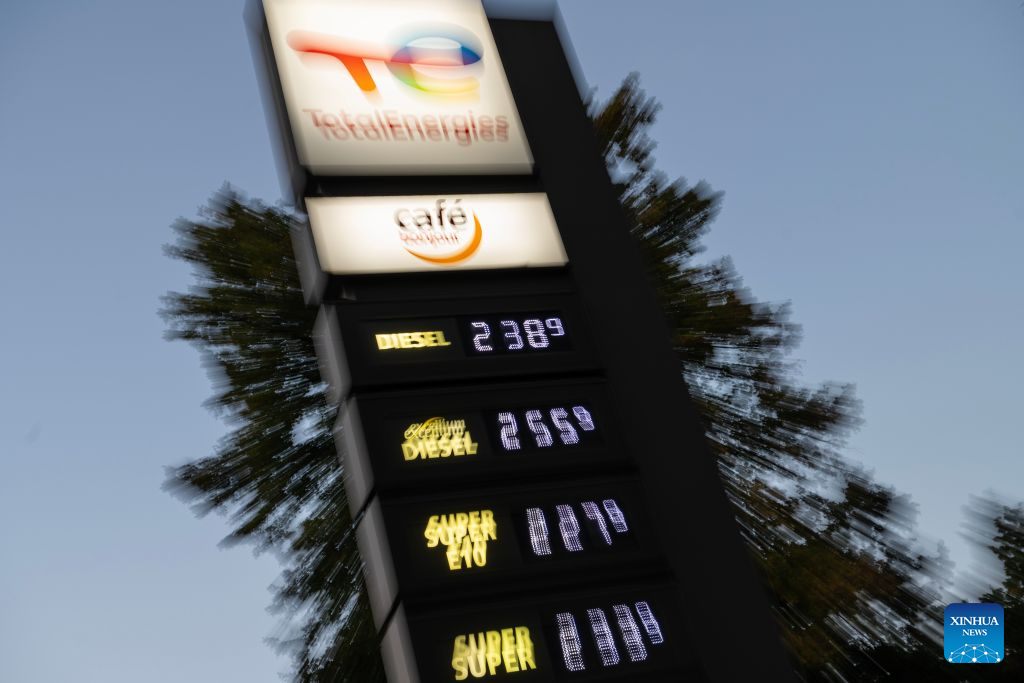 This photo taken on Sept. 15, 2026 shows prices displayed at a gas station in Berlin, Germany. Fuel prices have continued to rise in Germany. (Xinhua/Zhang Haofu)