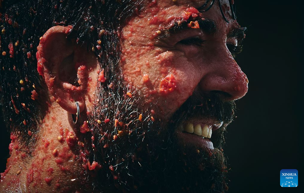 A reveller is pictured during the annual tomato fight (La Tomatina) in Bunol near Valencia, Spain, Aug. 26, 2026. (Photo by Pablo Morano/Xinhua)