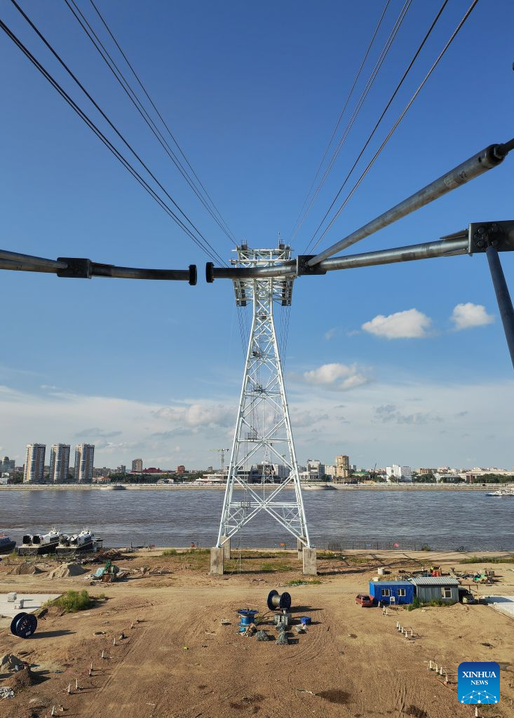 This photo taken on July 22, 2026 shows a view of the first cross-border ropeway linking China and Russia, as seen from Heihe, northeast China's Heilongjiang Province. (Xinhua/Li Jianping)