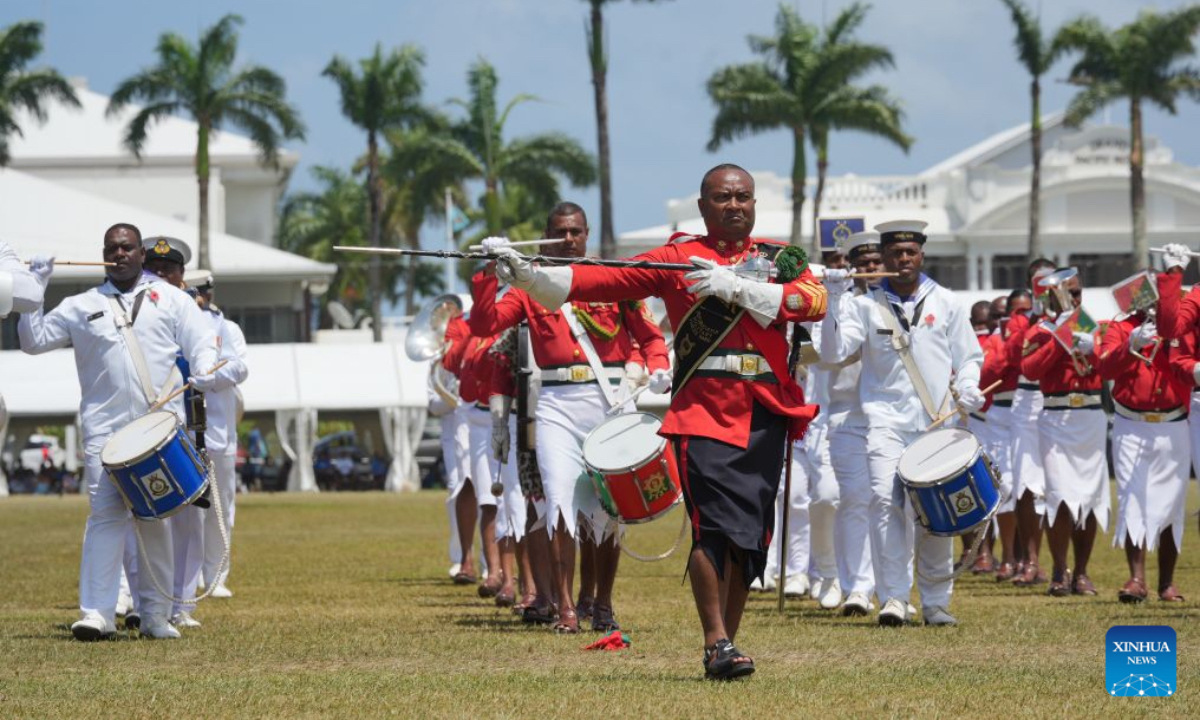 The Fijian military band performs at Albert Park in Suva, Fiji, Oct. 10, 2026. October 10 marks Fiji's national day, also known as Fiji Day. (Xinhua/Bai Yongquan)
