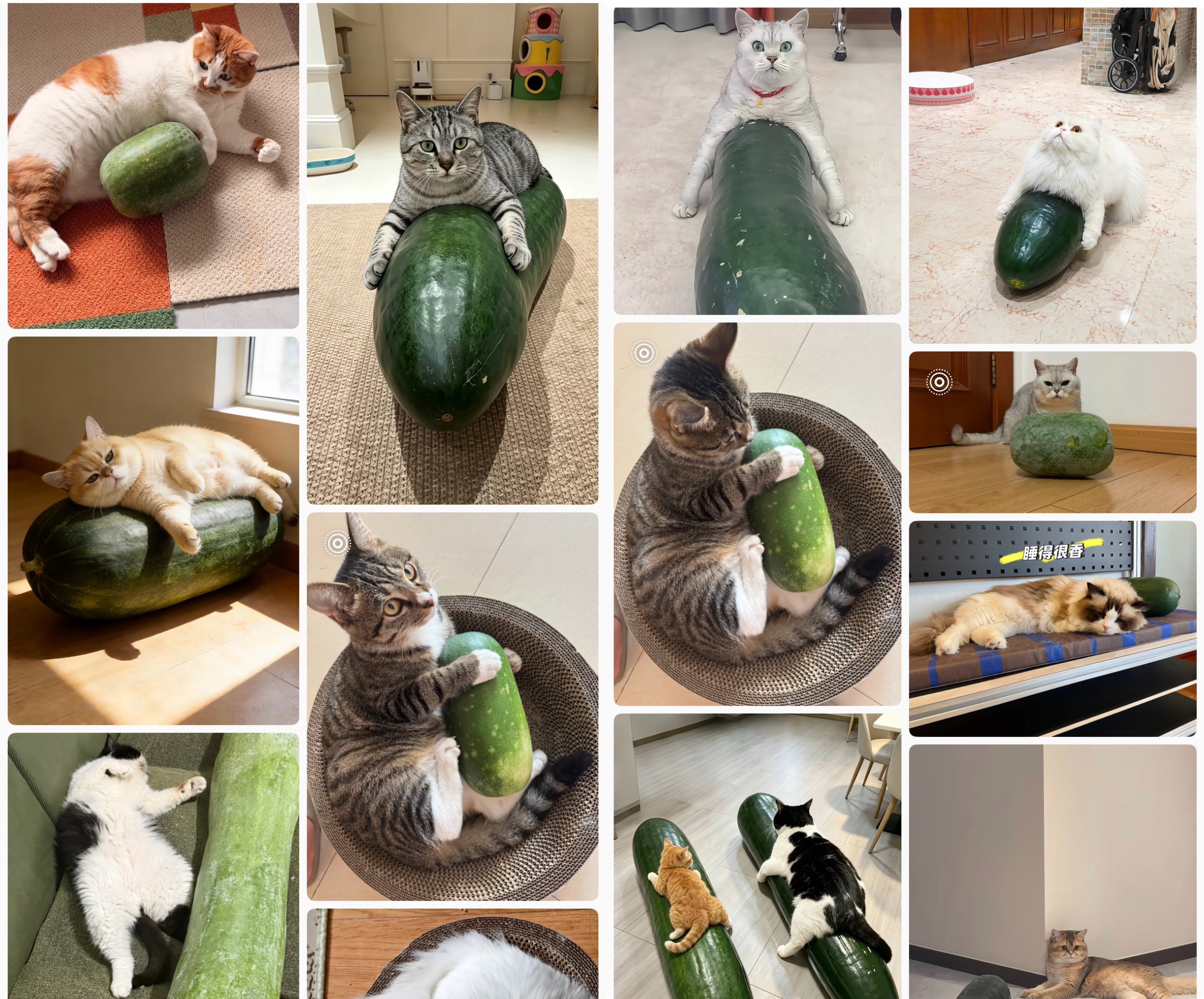 Netizens post pictures of their cats lounging and sleeping on green winter melons. Photo: Screenshot of social media