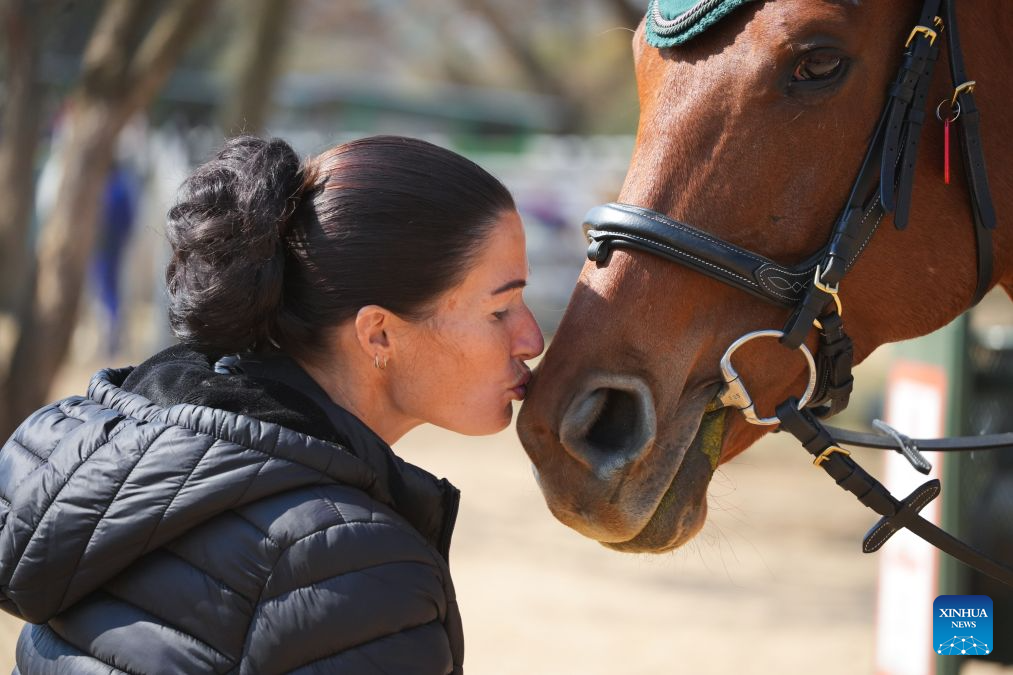 A rider interacts with a horse during the Toyota SA Showjumping Champs 2026 in Johannesburg, South Africa, Aug. 9, 2026. The event was held from Aug. 5 to 9 at Kyalami Park Club in Johannesburg. (Xinhua/Chen Wei)