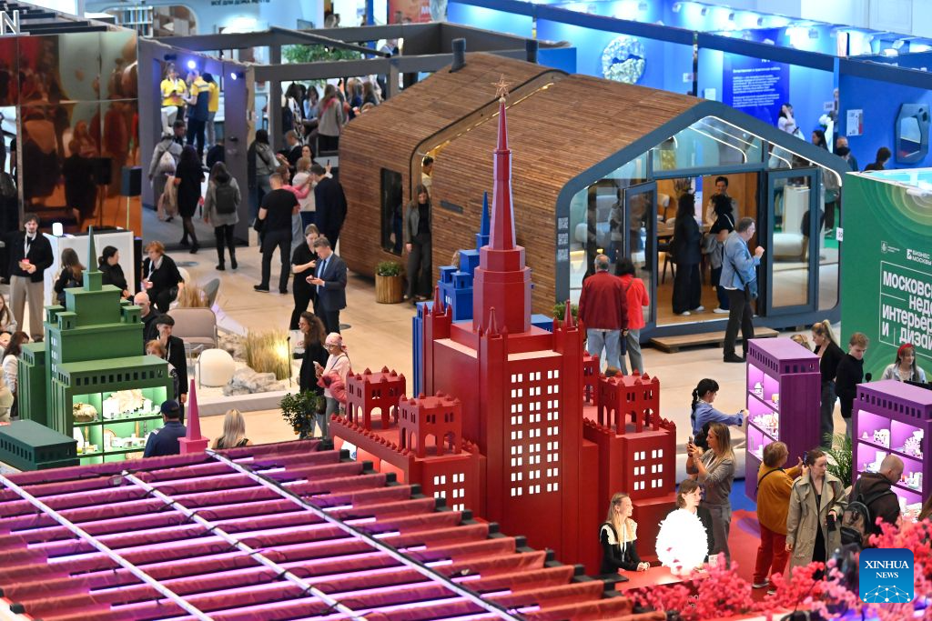 This photo taken on Aug. 13, 2026 shows the exhibition of the 8th Moscow Interior and Design Week in Moscow, Russia. The 8th Moscow Interior and Design Week kicked off at the Manege Central Exhibition Hall here on Thursday. Under the theme Infinite Colours, the event draws participation from about 1,300 Russian and foreign brands and will run until Aug. 16. (Photo by Alexander Zemlianichenko Jr/Xinhua)