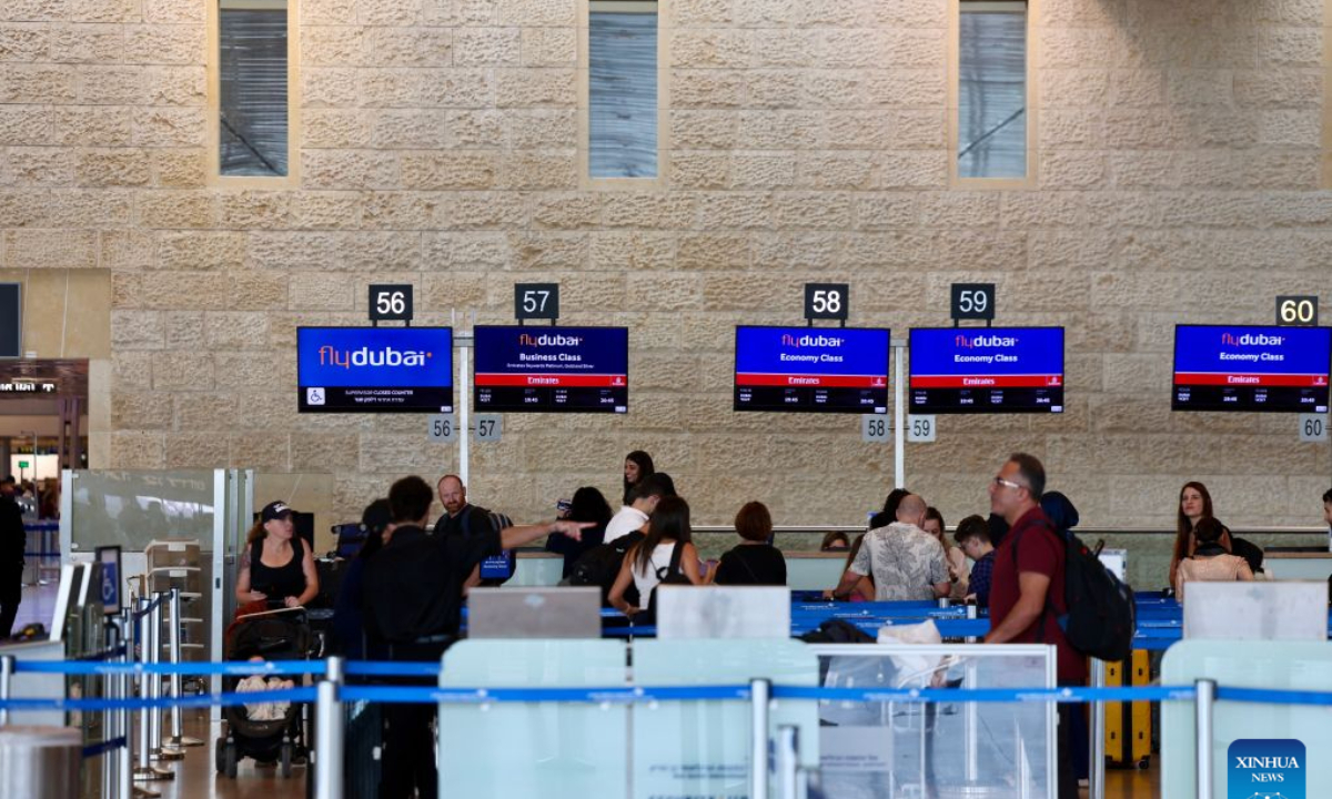 This photo taken on Sept. 30, 2026 shows check-in desks of the Flydubai at the Ben Gurion International Airport near Tel Aviv, Israel. Israeli Prime Minister Benjamin Netanyahu said on Wednesday that a pilot aboard a Flydubai flight carrying mostly Israeli passengers stabbed the other pilot and apparently tried to crash the plane before passengers and crew subdued him. (Xinhua/Jamal Awad)