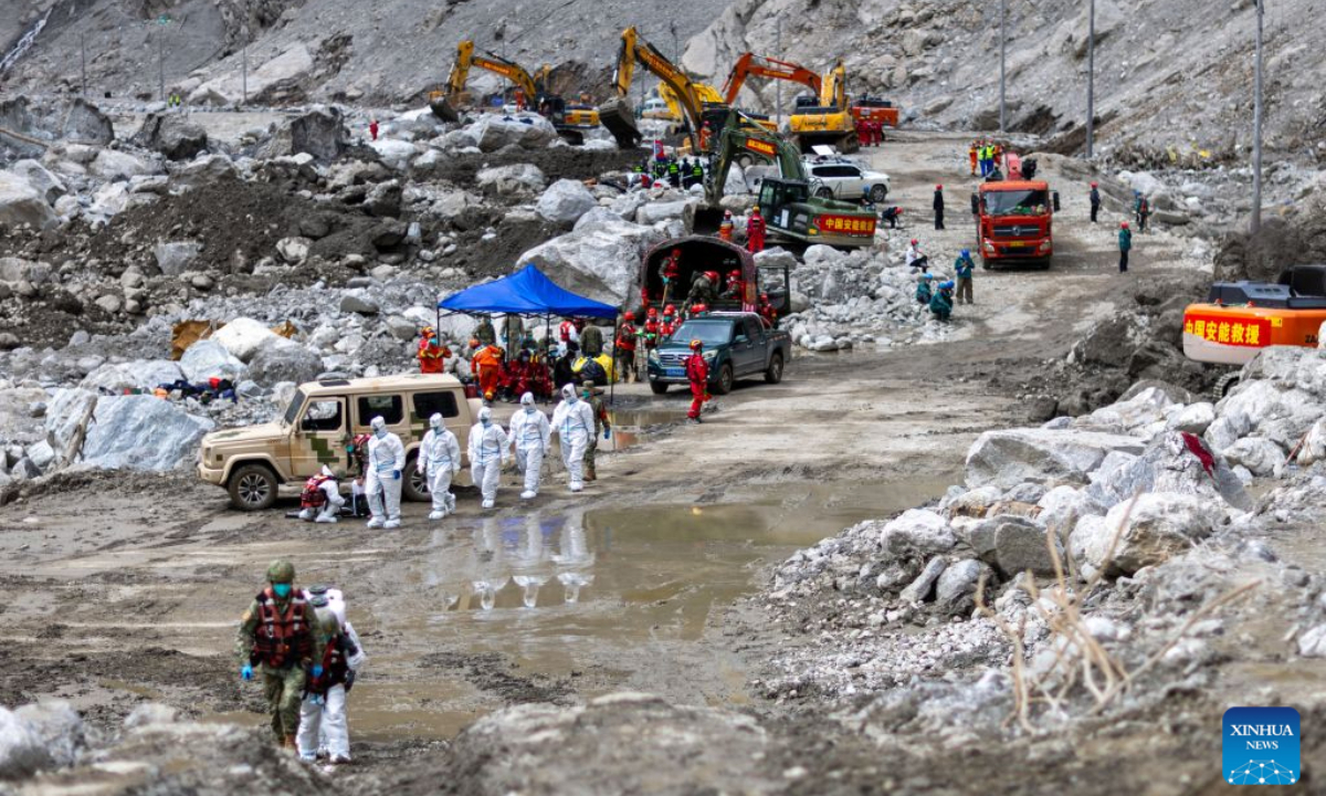 Health workers prepare to carry out disinfection work at the core affected zone of the mudslide-hit Gyirong Port in southwest China's Xizang Autonomous Region, Sept. 3, 2026. Teams of health workers from multiple units carried out comprehensive disinfection work at the core affected zone of the mudslide-hit Gyirong Port on Thursday. To date, a total of 35,500 square meters have been disinfected. (Xinhua/Jiang Fan)